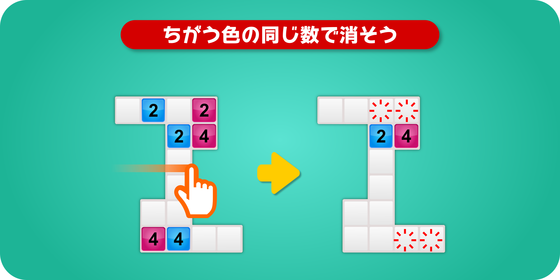 ちがう色の同じ数で消そう